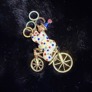 Whimsical Vintage Enamel Polka Dot Bear on Gold Bicycle Charm